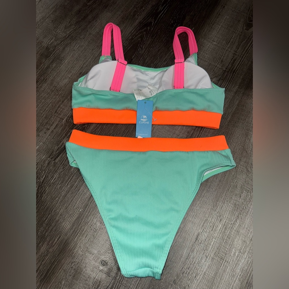Cupshe Rib Neon Colorblock Scoop Neck Top & Hipster Bikini Set Size Medium NEW - Picture 5 of 5